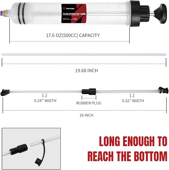 Thorstone 500cc Automotive Fluid Extractor Pump, Manual Oil Change Syringe with 50cm Rubber Hose & 2pcs 22cm PVC Suction Tubes