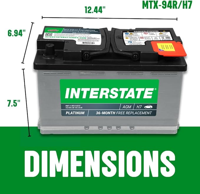 Interstate Batteries Automotive Battery 12V 80Ah (Group Size H7, 94R) 850CCA SLI AGM Automobile Replacement Battery for Cars, SUVs, Sedans, Trucks (MTX-94R/H7)