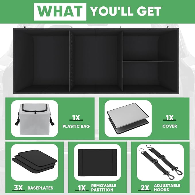 Simniam Car Trunk Organizer with Insulated Grocery Bag- 110L High Capacity Car Storage Box, with 4 Compartments, Reflective Strip, Cover, for Auto, SUV, Truck, Minivan