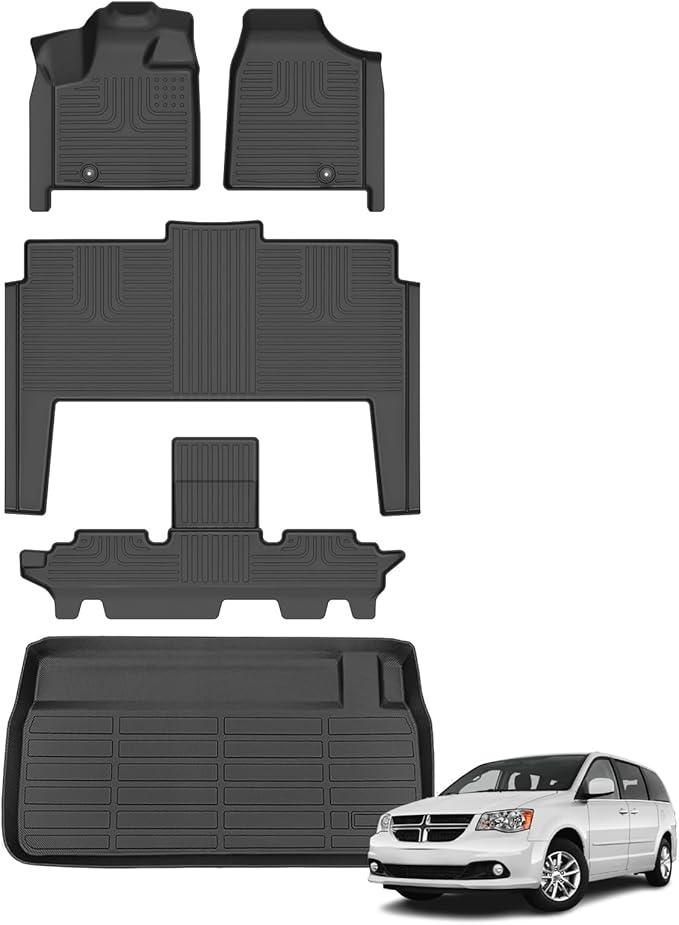Floor Mats & Cargo Liner for Dodge Grand Caravan 7 Seat 2011-2021, All Weather Automotive TPE Floor Liners Set Waterproof Accessories Black