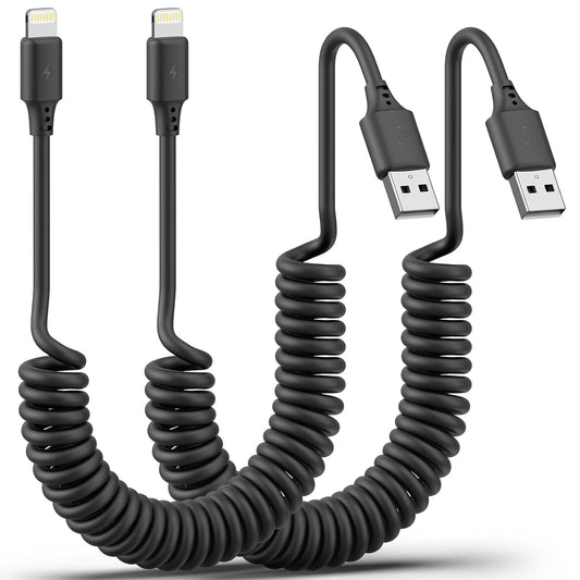 Coiled Lightning Cable 3FT for Car 2Pack, Stretchable iPhone Cord Fast Charging [MFi Certified] Coiled USB to Lightning Cable for iPhone 14 13 12 11 Pro Max XS 8 CarPlay