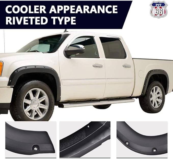 PIT66 Fender Flares, Compatible With 2007-2013 GMC Sierra 1500, Rugged Wheel Flares Textured Pocket Riveted Style, 4 Pcs
