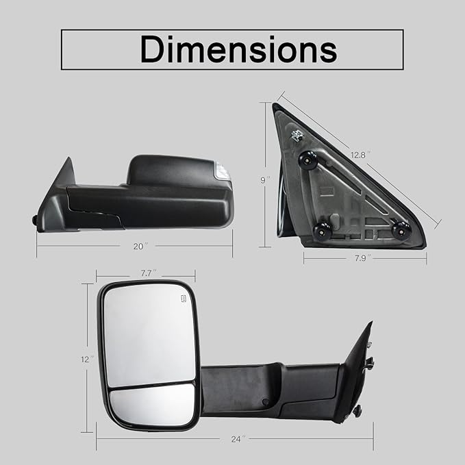 WLLW Towing Mirrors fit for 2009-2018 Dodge Ram 1500 2500 3500 Pickup with Power Adjusted, Heated, Turn Signal Light, Temperature Sensor, Puddle Lamp, Black Cap