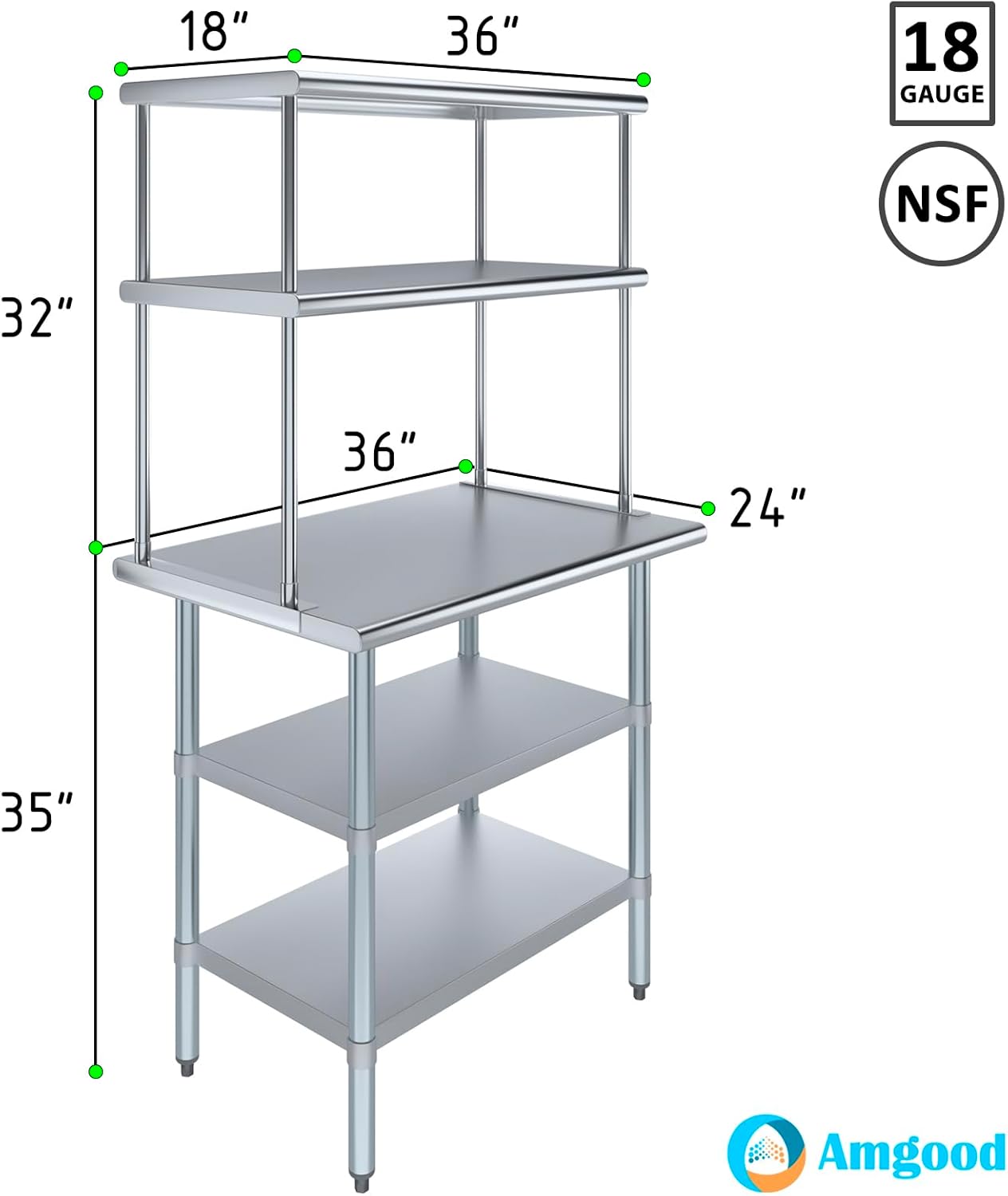 Amgood Stainless Steel Work Table with 2 Shelves | Metal Kitchen Prep Table & Shelving Combo (24" x 36" Table with 2 Shelves + 18" Overshelf)