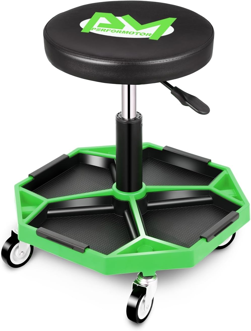 PM PERFORMOTOR Adjustable Height Pneumatic Garage Seat Rolling Mechanic Stool with Tool Tray Storage,300lbs Max Weight Capacity, Green,PM-TOL-ATS-GR