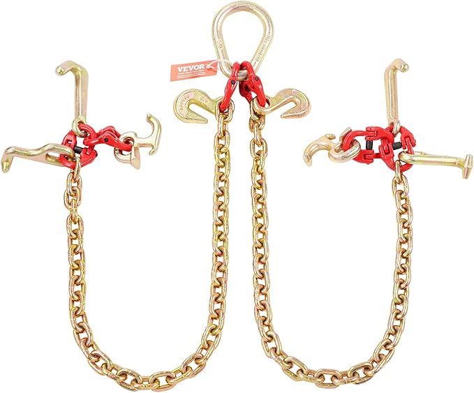 VEVOR G80 V Bridle Chain, 5/16" x 3' Towing Chain Bridle with R Hooks, T Hooks, J Hooks and Grab Hooks, Transport Tow Chain Bridle with 10800 lbs Safe Working Load for Flatbed Truck Wrecker Recovery
