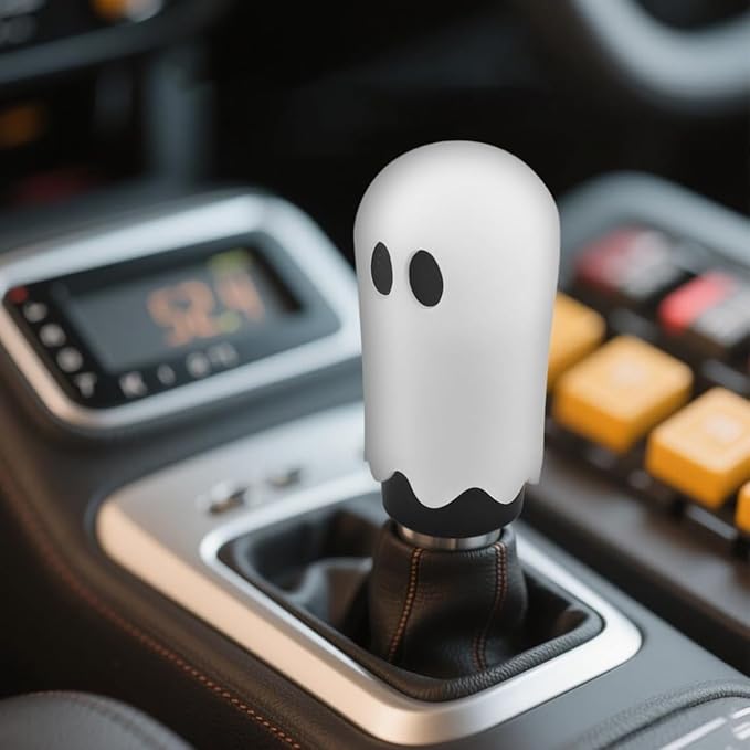 Universal Ghost Gear Shift Knob with 3 Threaded Adapters M8 M10 M12,Fits for Most Vehicles,Spooky Car Accessories Funny Gear Shifter Handle On Halloween (Ghost-White)