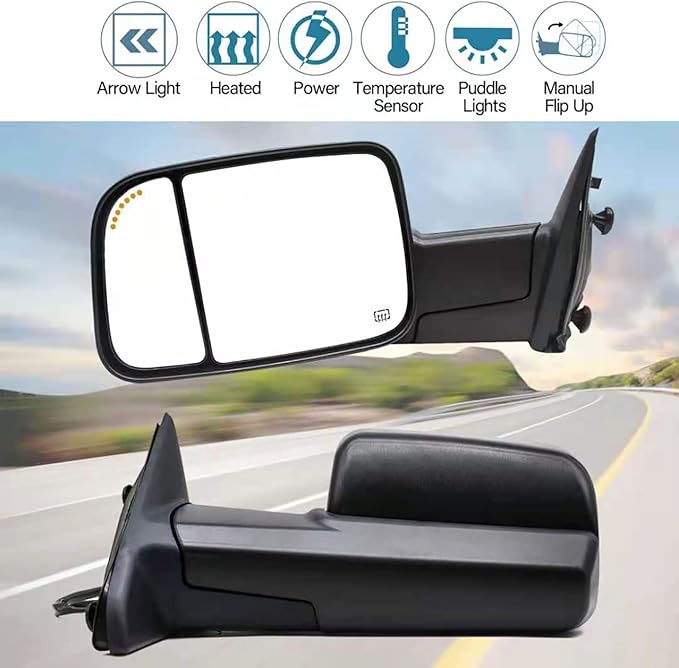BOOLEE Towing Mirrors Power Heated Compatible with 2009-2018 Dodge Ram 1500,2019-2023 Dodge Ram 1500 Classic Arrow Lamp Puddle Light Temp Sensor Pickup Truck Tow Mirrors Black