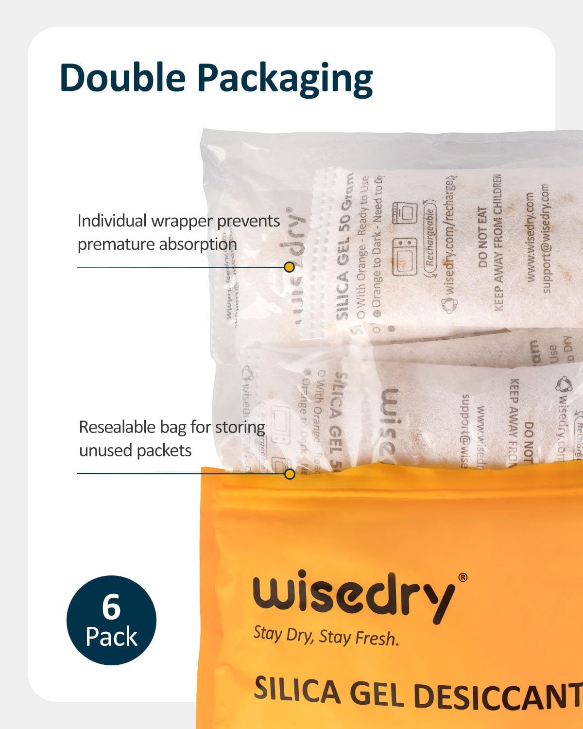 wisedry 50 Gram [6PACKS] Rechargeable Silica Gel Desiccant Packets Fast Reactivate Desiccant Bags Orange to Green indicating for Air Dryer Food Grade