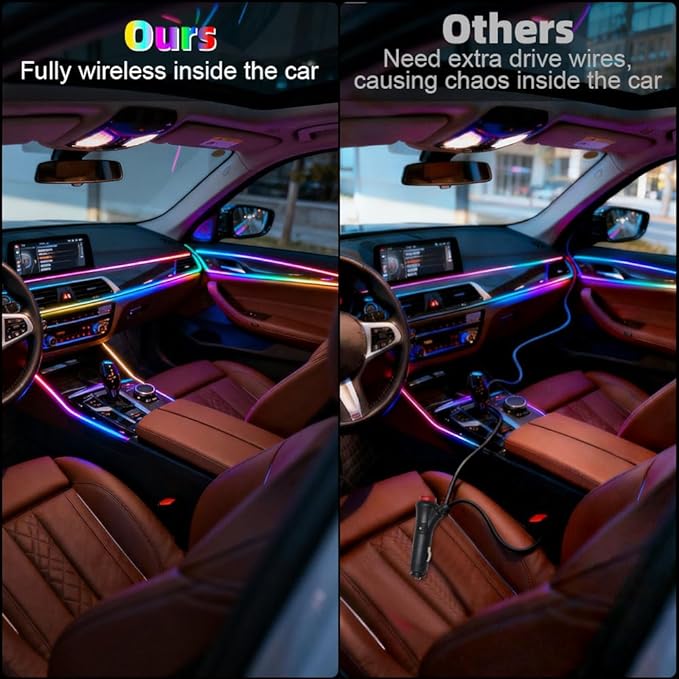 Acrylic Interior Car Ambient Lighting Kits, LED Strip Lights with Wireless APP, Neon Fiber Optic Lights Function LED Strip for Car with Music Modes (6 in 1)