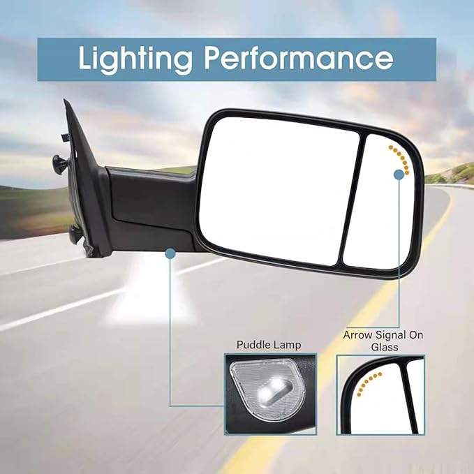 BOOLEE Towing Mirrors Power Heated Compatible with 2009-2018 Dodge Ram 1500,2019-2023 Dodge Ram 1500 Classic Arrow Lamp Puddle Light Temp Sensor Pickup Truck Tow Mirrors Black