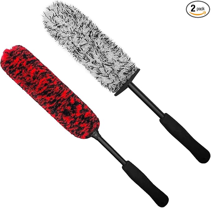 YeewayVeh 2PCS Microfiber Wheel Brush & Bendable Rim Cleaner Brush, 16 inch Long Handle Wheel Cleaning Kit for Car Tire Fenders Exhaust Tips, Red&White