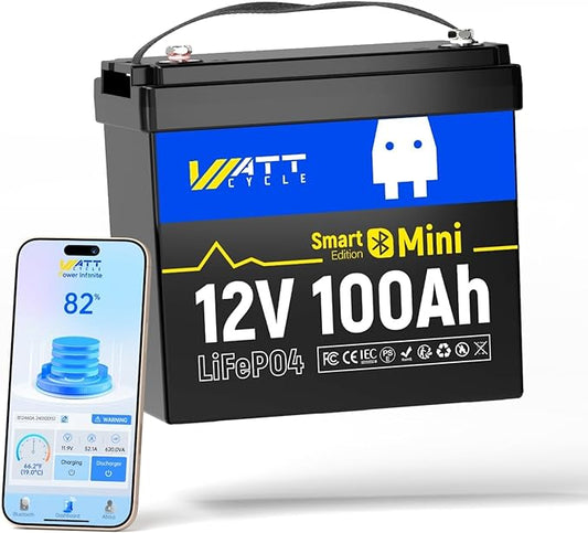 12V 100Ah LiFePO4 Lithium Battery with Bluetooth, BCI Group 24, 12V Mini Batterys 100A Smart BMS, Support Monitoring Battery via Phone Bluetooth, Up to 15000 Cycles for Trailer RV, Motor Home, Marine