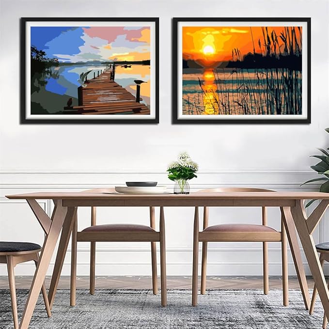 YANXIN Paint by Numbers Kit for Adults Beginners 2 Pack Paint by Numbers for Adults Rolled up Canvas for Home Decoration Creative Wall Art with Colorful Gift Box 12x16 inch Lake Sunset 171-172