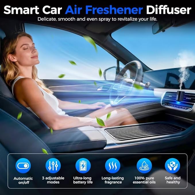Car Air Freshener Diffuser, Smart Car Air Freshener, Auto On/Off with 3 Modes, Vent Clip, Long Lasting with 10 Essential Oils in 5 Scents (1 Pack)