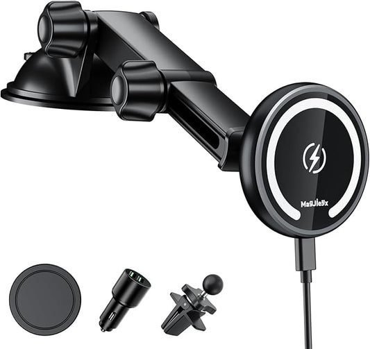for Magnetic Magsafe Car Mount Charger, Wireless Car Charger with Fast Max 38W QC3.0Charging Adapter Retractable Phone Holder Fits iPhone16/15/14/13Plus/MagSafe Case,Dashboard/Vent/Windshield