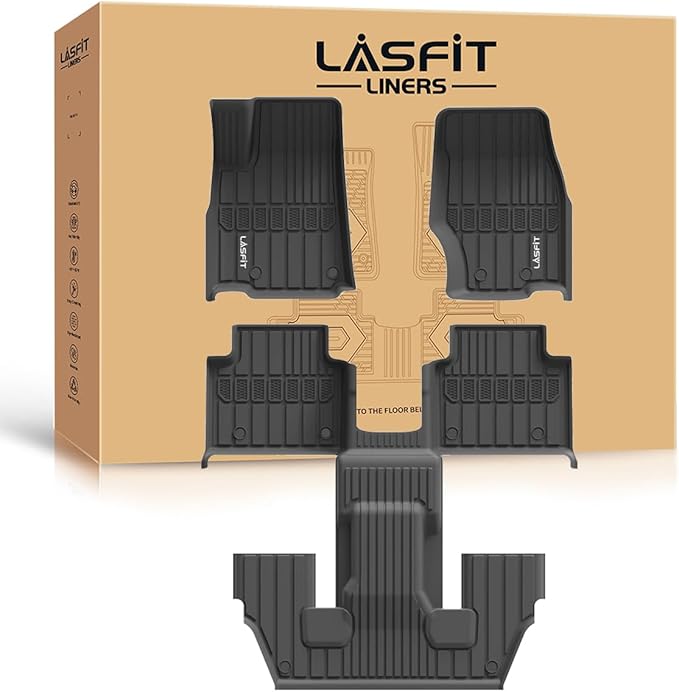 LASFIT Floor Mats for Jeep Grand Cherokee L 2021-2025 (ONLY for 6-Passengers Without Center Console) All Weather TPE Custom Fit Car Mats Floor Liners 1st & 2nd & 3th Row, Black