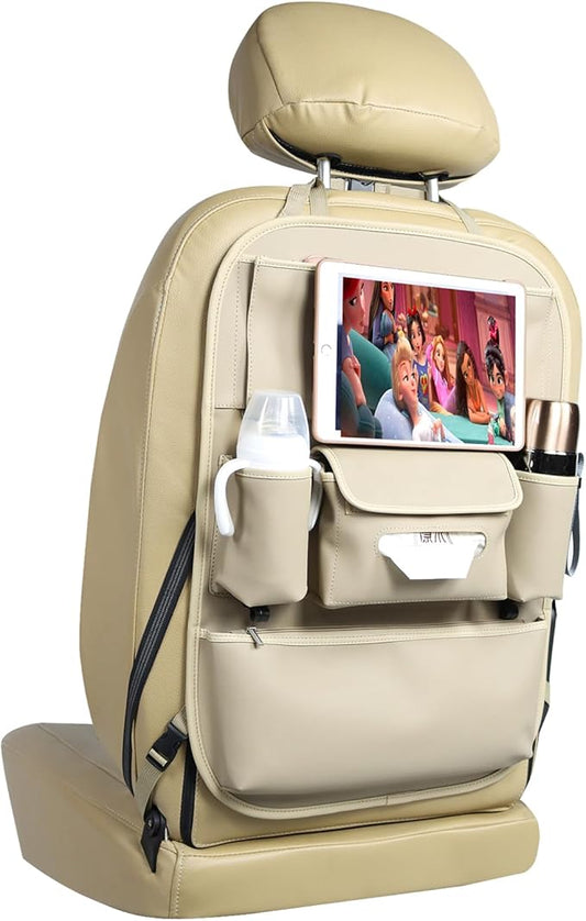 Car Seat Organizers Waterproof Backseat Protector with Storage Pocket Large Leather Kick Mats for Kids Pets Automobile SUV Truck (Beige, Large Pocket)