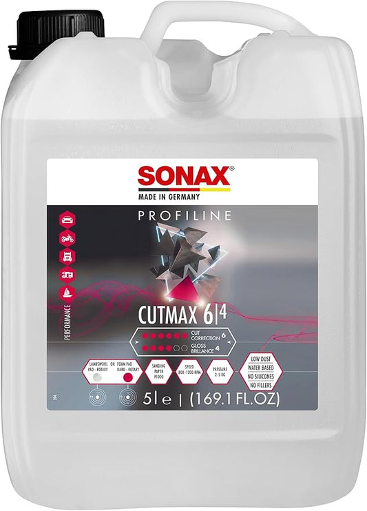 SONAX CutMax Cutting Compound | High-Abrasive Paint Correction Polish for P1500 Grit Sanding Marks | Silicone-Free, Dust-Free, and Odorless | Long Buffing Cycle for Severe Weathered Paint | 24650 | 5L