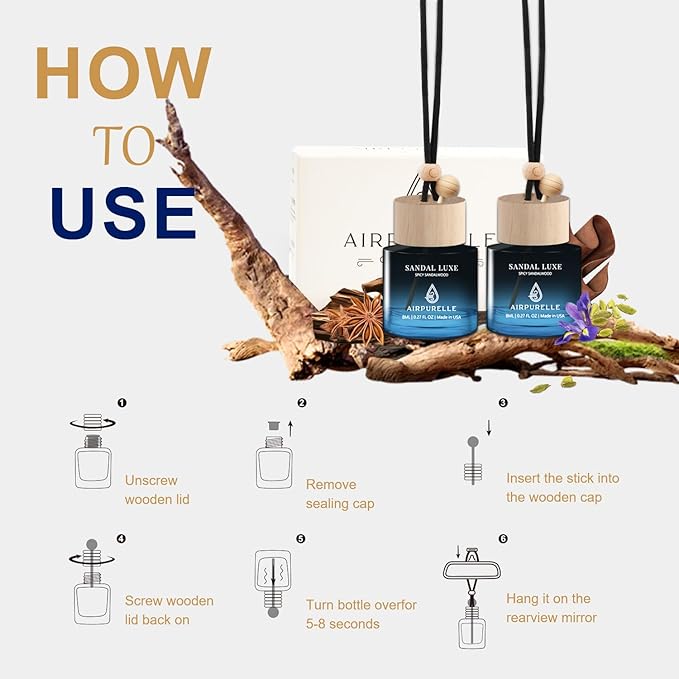 Car Air Freshener Hanging 2 Pack Car Air Fresheners Diffuser - Spicy Sandalwood Fragrance Oil Air Diffuser for Car, 45+ days Long Lasting Fragrance, Two 0.27 FL OZ/8ML Made in USA Car Air Fresheners