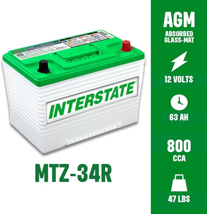 Interstate Batteries Automotive Battery 12V 63Ah (Group 34R) 800CCA SLI Pure Lead AGM Automobile Replacement Battery for Cars, Jeeps, SUVs, Trucks, Vans (MTZ-34R)