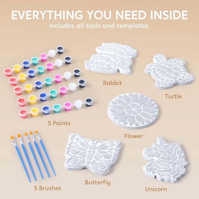 Klever Kits Stepping Stones Painting Kit for Kids - Paint 5 Garden Stones, Ceramic Garden Decor, Unicorn Craft Kits for Boys, Gifts for Boy, Girl Age 8+ Year Old - Summer Gift