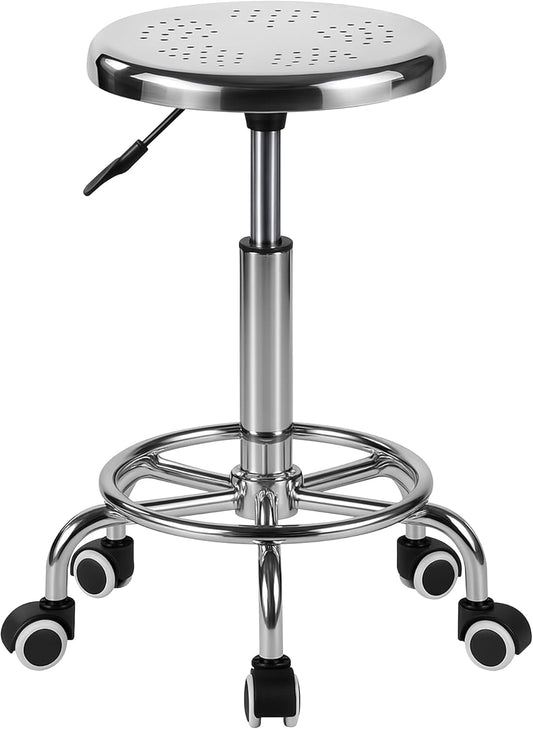 Rolling Stool, Stainless Steel Workbench, Adjustable Swivel Stool Medical 5 Wheels, 304 Stainless Steel Structure Laboratory Round Pad, Load Capacity 445 lbs (Silver)