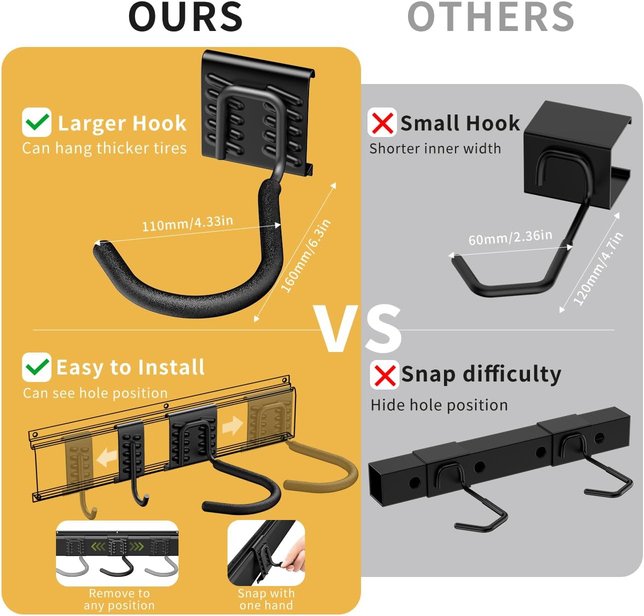 Bike Storage Rack 48Inch for 6 Bikes + 5 Helmets, Up to 500lbs, Heavy Duty Bike Hangers for Garage, Bike Hooks for Garage, Solid Steel Bicycle Storage, Bike Wall Mount, New Black