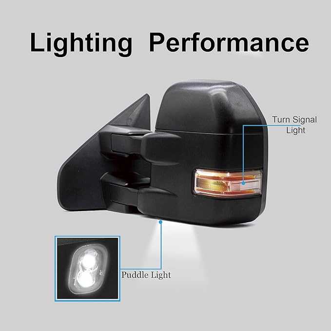 WLLW Towing Mirrors fit for 2004-2006 2007-2014 Ford F150 Pickup Upgrade style Tow Mirrors with Power Heated Defrost LED Turn Signal Puddle Light Black Housing