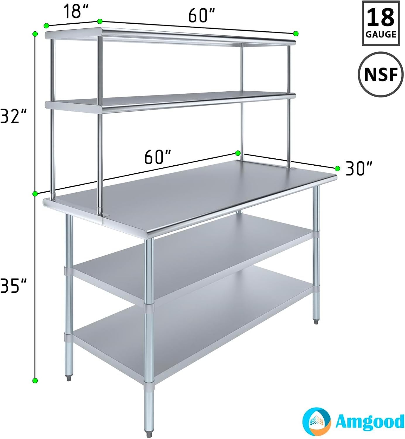 Amgood Stainless Steel Work Table with 2 Shelves | Metal Kitchen Prep Table & Shelving Combo (30" x 60" Table with 2 Shelves + 18" Overshelf)