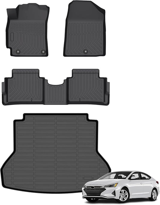 Floor Mats & Cargo Liner for Hyundai Elantra 2017-2020, All Weather Automotive TPE Floor Liners Set Waterproof Accessories Black