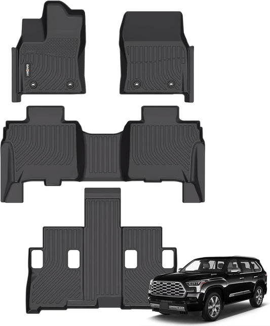 GINOWY-Floor Mats for Toyota Sequoia 2023 2024 2025, TPE All Weather Sequoia Car Mats, 1st & 2nd & 3rd Row Set, Non-Slip Floor Liners Waterproof Custom Fit Sequoia Accessories Mats Black