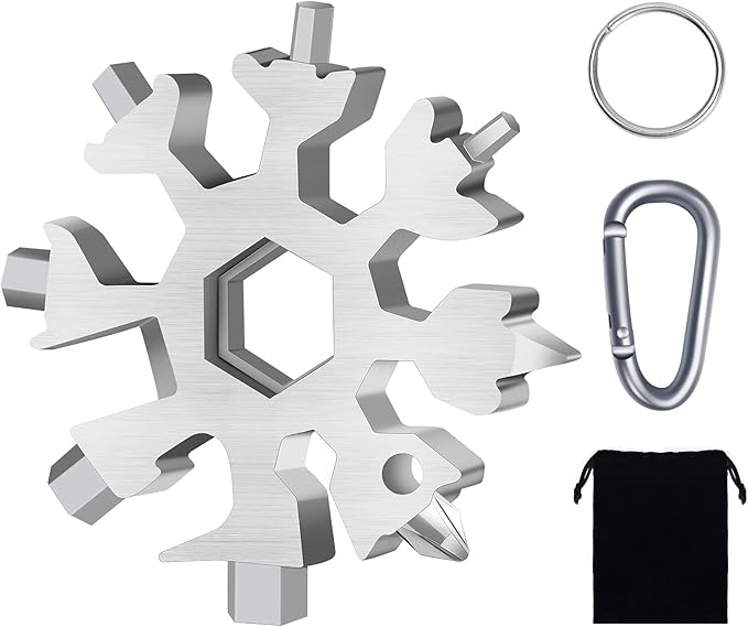 FZENeast Snowflake Multitool, 1 Piece 18-in-1 Stainless Steel Snowflake Standard Multitool, Snowflake Wrench with Key Ring, Carabiner Clip and Gift Bag (Silver)