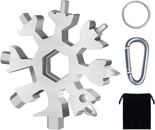 FZENeast Snowflake Multitool, 1 Piece 18-in-1 Stainless Steel Snowflake Standard Multitool, Snowflake Wrench with Key Ring, Carabiner Clip and Gift Bag (Silver)