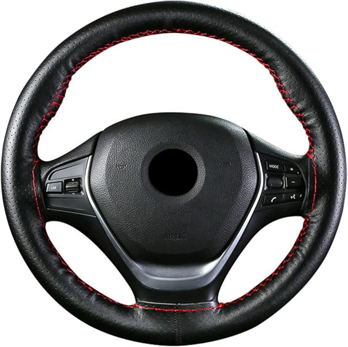 DEEYOTA Car Steering Wheel Cover Universal Fit Round Stitch Steering Wheel Wrap Thin PU Leather Steering Wheel Cover Sewn on 15" Car Wheel (Black)