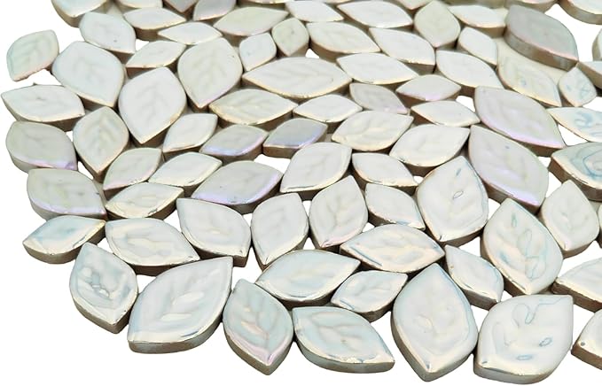1.1LB Iridescent Leaves Ceramics Mosaic Tiles,Making Creative 3 Size Ceramic Mosaic Pieces for DIY Craft,Flowerpots,Vases,Cups,Garden Decor Mosaic Making Supplies (Iridescent White)