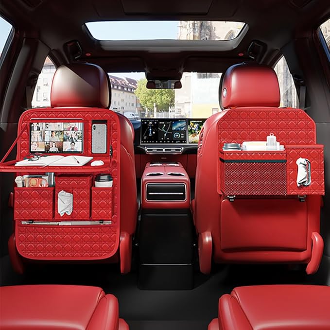GMQ Backseat Car Organizer 1 Pack, Car Back Seat Organizers with Tray,Multifunctional Car Seat Back Organizer with Foldable Tablet Holder (Red, 1 PC)