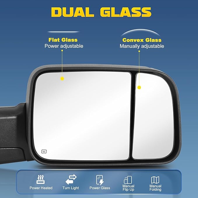 Pair Power Heated Towing Mirrors Compatible for 1998-2001 Dodge 1500 1998-2002 Ram 2500 3500 w/Amber Turn Signal Light Side Tow Mirror Manual Telescoping Fold (Black)