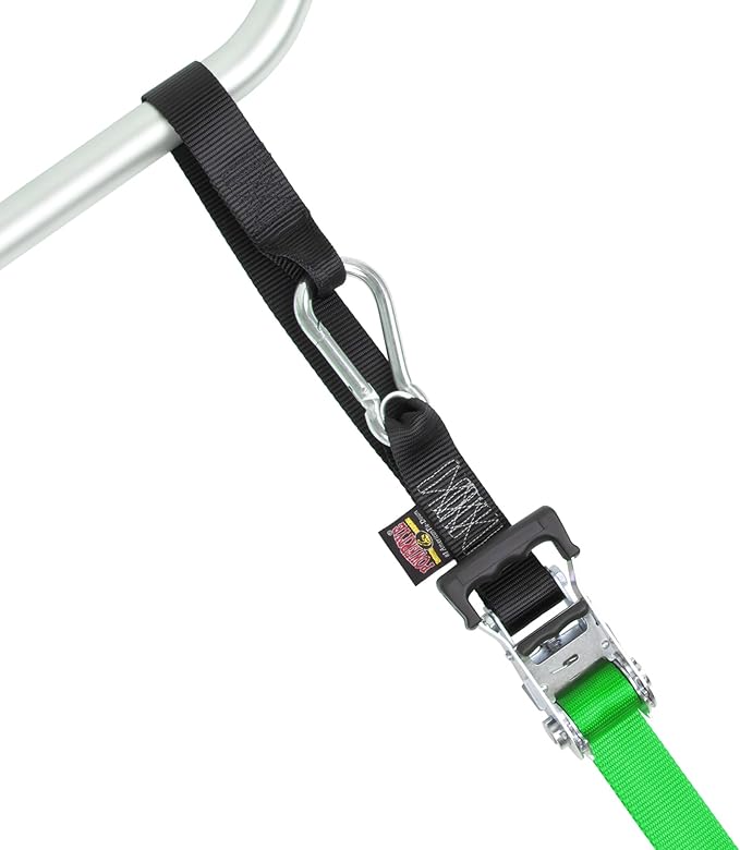 PowerTye 1.5 inch x 10ft Extra Long Ratchet Tie Down Straps, Heavy Duty with Carabiner Hooks, Soft-Tye & Bag, for Motorcycle, ATV & Cargo - 1,000 lb WLL - Made in USA - Green/Black Pair