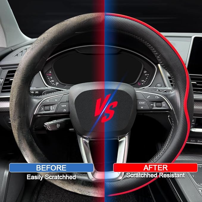 Leather Steering Wheel Cover， with Anti-Slip Stripe Design - Enhanced Grip, Fashion Style, Safe, Non-Slip, Breathable. Upgrade car Interior，Black red