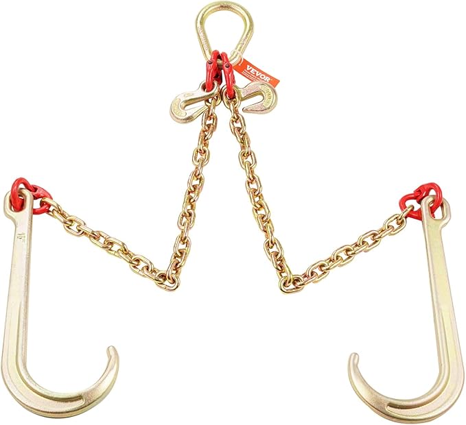 VEVOR G80 V Bridle Chain, 5/16" x 2' Towing Chain Bridle with 15" J Hooks and Grab Hooks, Heavy Duty Transport Tow Chain Bridle with 10800 lbs Safe Working Load for Flatbed Truck Wrecker Recovery