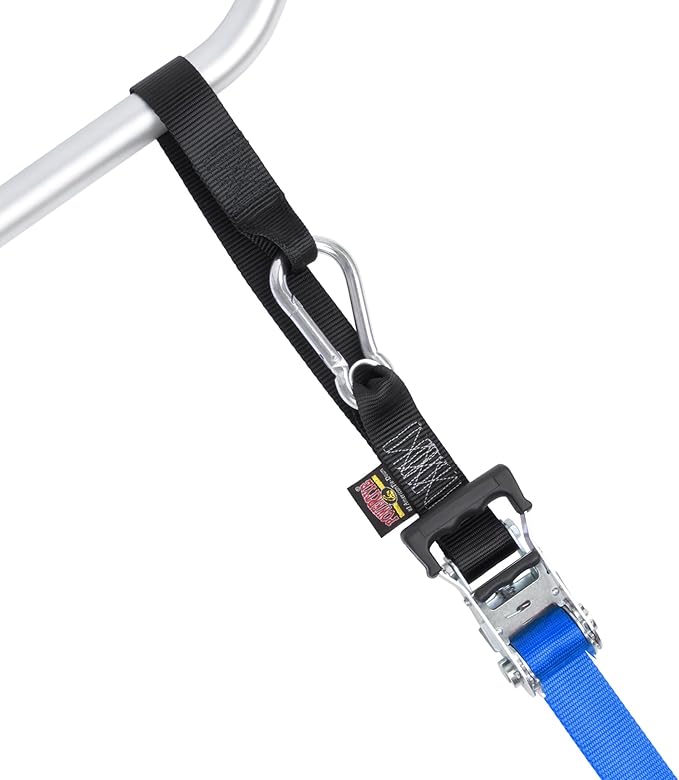 PowerTye 1.5 inch x 10ft Extra Long Ratchet Tie Down Straps, Heavy Duty with Carabiner Hooks, Soft-Tye & Bag, for Motorcycle, ATV & Cargo - 1,000 lb WLL - Made in USA - Blue/Black Pair