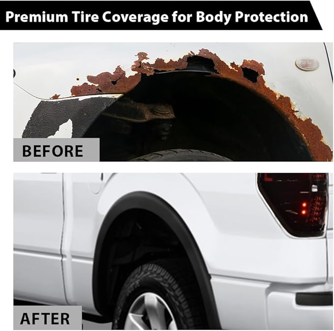 4PCS Fender Flares Fit Ford F150 Style Side w/ 67.0" / 78.8" / 97.4" Bed Length Models 2009-2014, Not Fit Platinum and Raptor Model Textured Factory Style Wheel Trim 9L3Z16038A, 9L3Z16038B, 9L3Z16039B