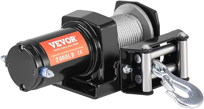 VEVOR ATV Winch, 2000 lb Electric Winch, 12V Small ATV UTV Winch with 5/32 in x 39 ft Steel Cable Roller Fairlead Wired Remote Control, IP55 Waterproof for Towing UTV ATV Car Vehicle Off-Road