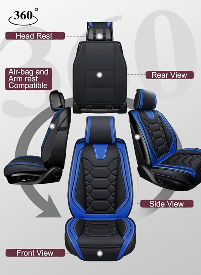 OASIS AUTO Car Seat Covers Premium Waterproof Faux Leather Cushion Universal Accessories Fit SUV Truck Sedan Automotive Vehicle Auto Interior Protector Full Set (OS-004 Black&Blue)