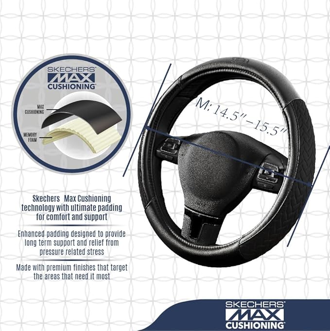 Skechers Steering Wheel Cover,Max Cushioning Leather Steering Wheel Cover Universal Fit 14" 1/2-15" Car Wheel Protector for Men Women Fit Suvs,Vans,Sedans,Car,Trucks,Black