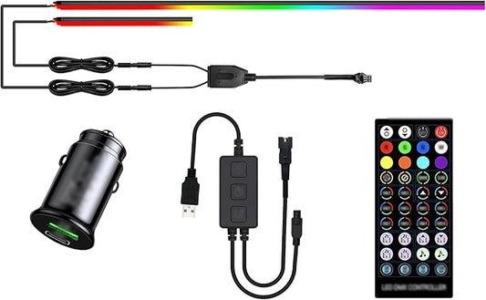 KENANEK 55.12’’ Acrylic Car Ambient Lighting Kit – 2 LED Light Strips, RGB Interior Lights with APP/Remote/Control Box, Music Sync, Dual USB Power, Universal Fit for Car/SUV/Truck