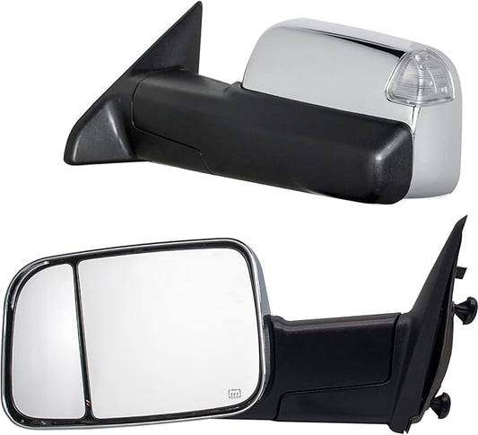 WLLW Towing Mirrors fit for 2009-2018 Dodge Ram 1500 2500 3500 Pickup with Heated, Power Adjusted, Puddle Lamp, Turn Signal Light, Temperature Sensor, Chrome Cap