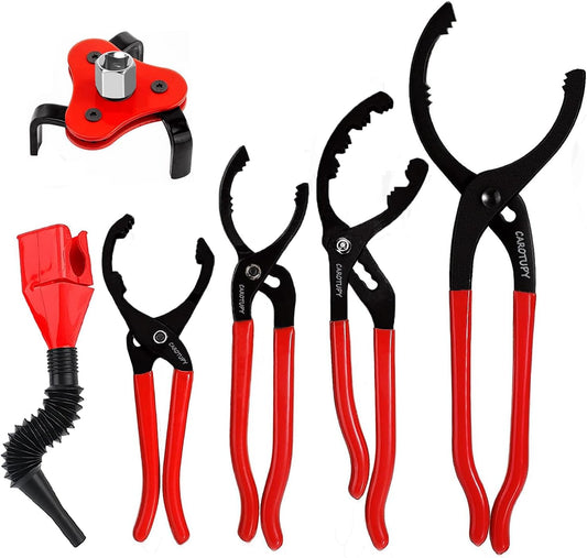 6Pcs Oil Filter Pliers Set, Universal Oil Filter Wrench with Oil Funnel, 10" & 12" & 14" & 16" Premium Oil Filter Removal Tool From 1-1/4" to 8-1/2"