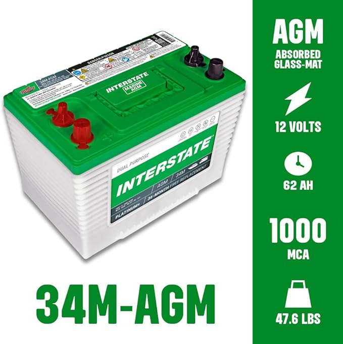Interstate Batteries Marine/RV Battery 12V 62Ah 800CCA (34M-AGM) Dual Purpose Power Pure Lead AGM RV & Marine Starting Replacement Battery (Group Size 34M) Boats, RV's
